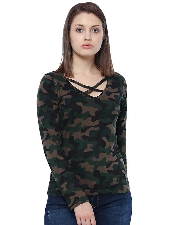 Best and Stylish XXXL T Shirts For Women Veirdo Pure Cotton Regular Fit V Neck Full Sleeves Camoflauge T Shirt for Women & Girls